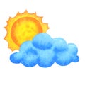 Sun and cloud. Icons for weather forecast at web or widget. Children's style. Hand drawn watercolor illustration Royalty Free Stock Photo