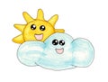 The sun and a cloud isolated on a white background. Weather icons. Cute hand-drawn sketch Royalty Free Stock Photo