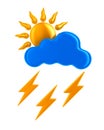 Sun and cloud and lightning on white background. Isolated 3D ill