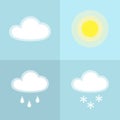 Sun cloud rain snow simple icon Isolated on blue background Icon symbol sunny cloudy rainy snowy weather Flat design element Royalty Free Stock Photo