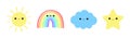 Sun, cloud, rainbow, star icon set line. Cute cartoon kawaii funny baby character. Smiling face emotion. Baby charcter collection Royalty Free Stock Photo