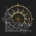 Sun and clouds Ancient Heliocentric astrological emblem isolated Vector illustration