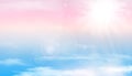 Sun and clouds background with a soft pastel color. Fantasy magical sunny sky pastel background with colorful cloudy
