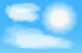 Sun with clouds in the blue sky. Vector illustration.