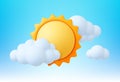 Sun in clouds, 3d sunny weather elements. White bubble cloud on sky. Summer spring hot, seasonal vector realistic design Royalty Free Stock Photo