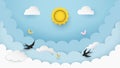 Sun, clouds, flying birds and butterflies on the clear blue sky background. Cloudy scenery background. Paper and craft style. Royalty Free Stock Photo