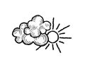 Sun with clouds icon. Doodle line art weather sign