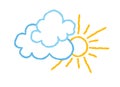 Sun with clouds icon. Doodle line art weather sign illustration