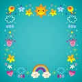 Sun clouds rainbow singing birds raindrops flowers nature border