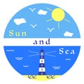 Sun, clouds, sea, beach, lighthouse, anchors. Royalty Free Stock Photo