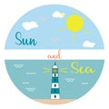 Sun, clouds, sea, beach, lighthouse. Royalty Free Stock Photo