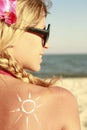 Of sun cream on the female back on the beach Royalty Free Stock Photo