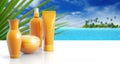 Sun cream in a tropical background Royalty Free Stock Photo