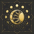 Sun and Crescent Moon with Phases Medieval Astrological Emblem Royalty Free Stock Photo