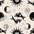 Sun, crescent, planets and flowers. The zodiac constellation Pisces. Seamless pattern.