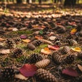 Is sun-dappled, highlighting the textures of the cones and leaves Royalty Free Stock Photo