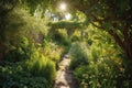 a sun-dappled path through a garden of fresh growth