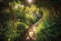 a sun-dappled path through a garden of fresh growth