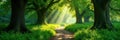 Sun dappled path winds through emerald canopy, ancient trees loom , shadow, natural, adventure Royalty Free Stock Photo