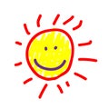 Sun in a deliberately childish style. Imitation child drawing. Kid sketch, painting felt-tip pen or marker, icon. Kid painted