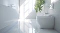 Sun-drenched bathroom with white subway tiles, toilet and sink next to a potted plant. Interior design, cozy lifestyle