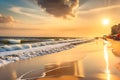 Sun-Drenched Beach at the Height of Summer, Waves Gently Caressing the Golden Sand, Vibrant Umbrellas Dotting the Shore Royalty Free Stock Photo