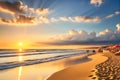 Sun-Drenched Beach at the Height of Summer, Waves Gently Caressing the Golden Sand, Vibrant Umbrellas Dotting the Shore Royalty Free Stock Photo