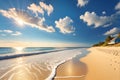 Sun-Drenched Beach, Waves Gently Lapping the Shore, Footprints in the Soft Golden Sand Leading Toward the Horizon