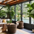 A sun-drenched conservatory with rattan furniture, potted plants, and a tranquil water feature for a boho vibe2, Generative AI