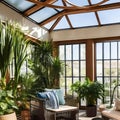 A sun-drenched conservatory with rattan furniture, potted plants, and a tranquil water feature for a boho vibe4, Generative AI