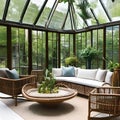 A sun-drenched conservatory with rattan furniture, potted plants, and a tranquil water feature for a boho vibe1, Generative AI