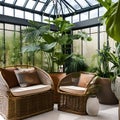 A sun-drenched conservatory with rattan furniture, potted plants, and a tranquil water feature for a boho vibe5, Generative AI