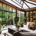 A sun-drenched conservatory with rattan furniture, potted plants, and a tranquil water feature for a boho vibe3, Generative AI