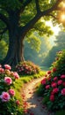 Sun drenched garden, blooming roses, ancient oak tree , greenery, oak tree Royalty Free Stock Photo