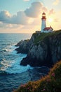 Sun drenched lighthouse on rugged cliff, blue sea crashing below , breathtaking, tower, dramatic Royalty Free Stock Photo