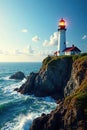 Sun drenched lighthouse on rugged cliff, blue sea crashing below , weathered, wave Royalty Free Stock Photo