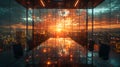 sun drenched modern boardroom with floor to ceiling windows