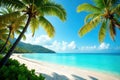 Sun drenched palm trees frame turquoise ocean panorama, vacation, blue