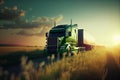 Sun-drenched powerful modern stylish and comfortable green large truck semi-trailer of the latest model of commercial Royalty Free Stock Photo