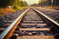 Sun drenched railroad track landscape, ballast gravel, and crushed stone Royalty Free Stock Photo