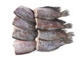 Sun dried fish, SnakeSkin Gourami Fish, Pla Salit on white background. Top view