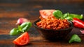 Sun dried tomato pesto with chilli, garlic and herbs in bowl