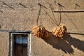 The sun-dry clusters of corn hang outside of the window Royalty Free Stock Photo