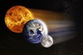 Sun, Earth and Moon lined up in deep space. Space and exploration concept background Royalty Free Stock Photo