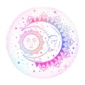 Sun eclipse concept. Vector illlustration of astronomy and astrology symbol in pastel colors. 80-90s style