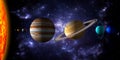 Sun and the eight planets of the solar system with deep space and dramatic nebula background.. Realistic 3d illustration of the