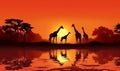 giraffe silhouette safari nature wild wildlife animal africa sunset elephant. Generative AI. Royalty Free Stock Photo