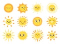 Sun emoji. Cute smiling, winking suns with funny faces. Doodle yellow summer sun. Vector solar summer symbols isolated