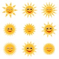 Sun emoji. Funny summer spring sunshine rays sun baby happy morning emoticons. Cartoon sunny smiling faces vector solar icons Royalty Free Stock Photo