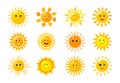 Sun emoji. Funny summer spring sunshine rays sun baby happy morning emoticons. Sunny smiling faces vector solar icons